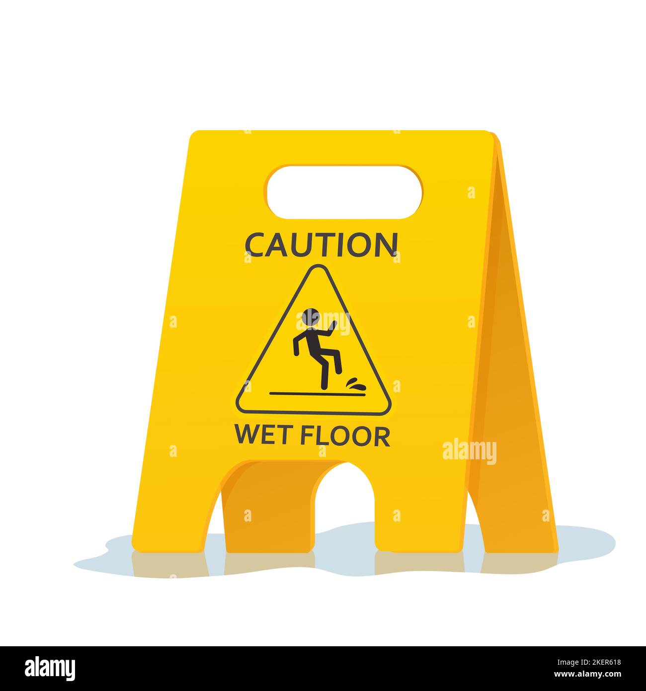 Wet floor caution warning sign, yellow symbol with water isolated on white background.Public warning yellow symbol clip art. Slippery surface beware plastic board. Vector illustration Stock Vector