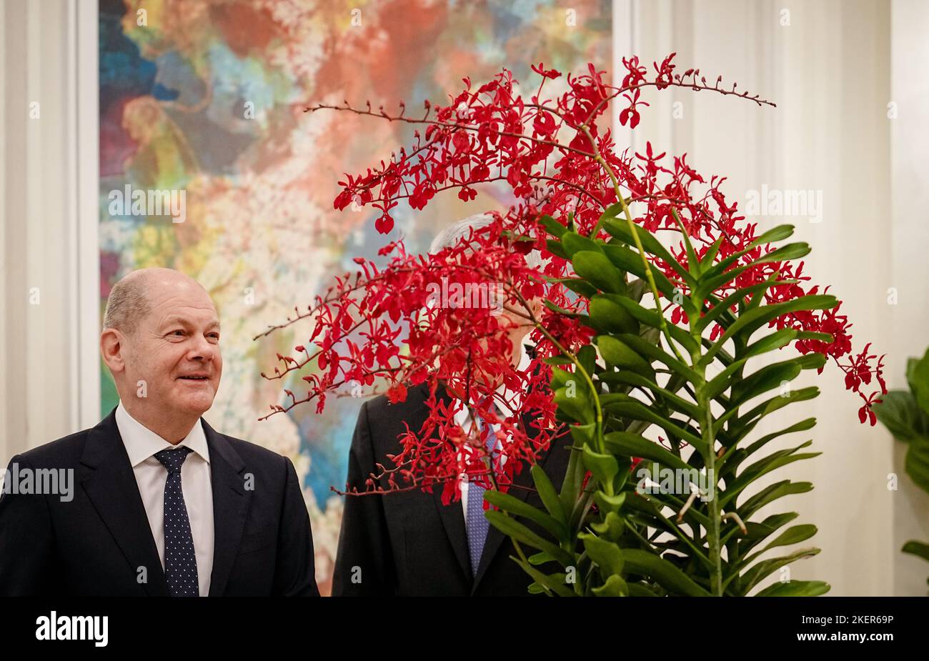 Singapur, Singapore. 14th Nov, 2022. German Chancellor Olaf Scholz (SPD) looks at the orchid named Renanthera Olaf Scholz during the orchid ceremony. In the evening, the chancellor travels on to Bali, Indonesia, for the G20 summit. Credit: Kay Nietfeld/dpa/Alamy Live News Stock Photo