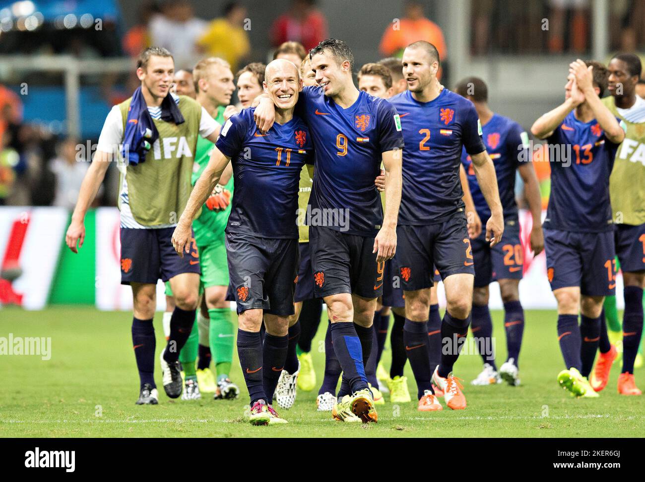 Salvador, 13.06.2014, Arena Fonte Nova Schlussjubel: Arjen Robben (Niederlande) und Robin van Persie (Niederlande) Spanien - Niederlande Copyright (nu Stock Photo