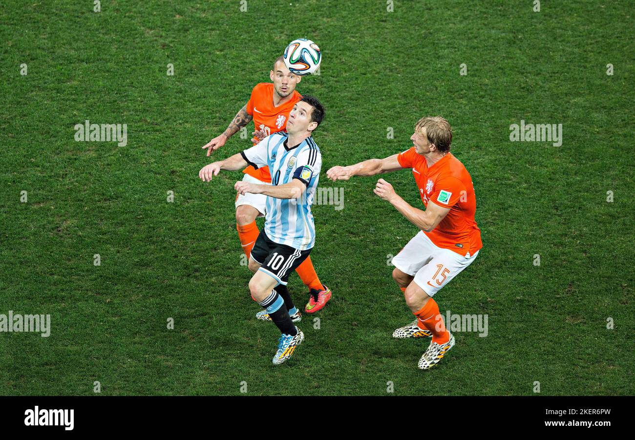 Sao Paolo, 09.07.2014, Arena de Sao Paulo Lionel MESSI (Argentinien), Wesley Sneijder (Niederlande), Dirk Kuijt (Niederlande) Niederlande - Argentinie Stock Photo