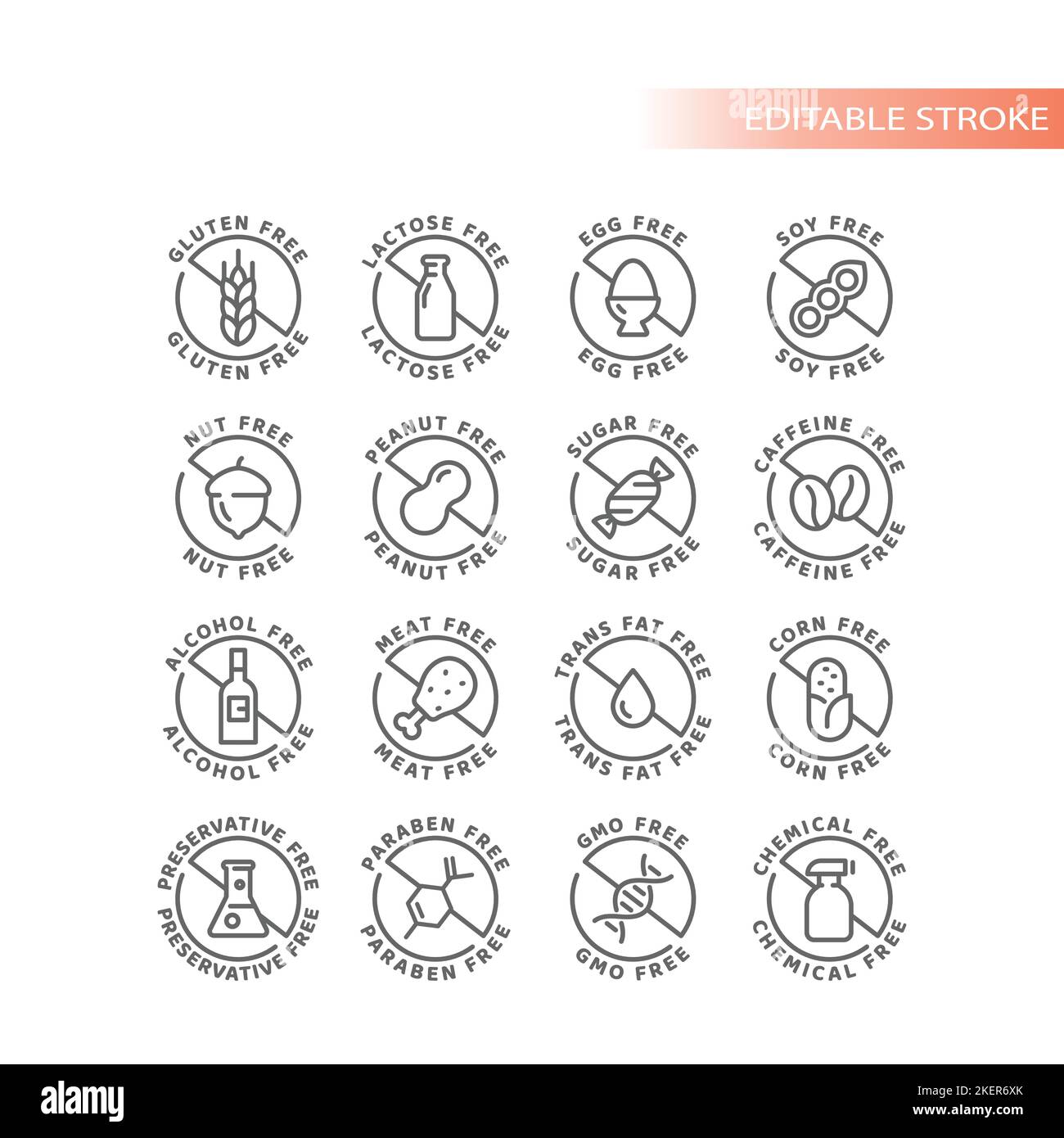 Food ingredients and allergen vector icon set. Gluten, lactose and alcohol free, no preservatives label badge set. Stock Vector