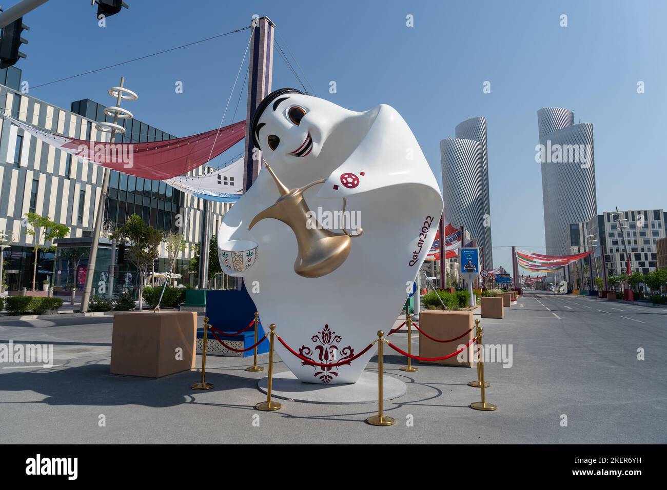 FIFA World Cup 2022 official mascot Laeeb in Lusail Boulevard, Doha Qatar. Stock Photo