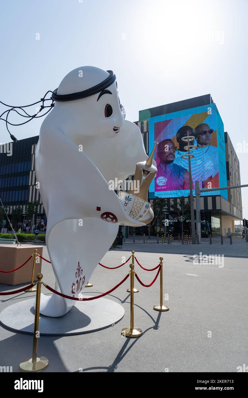 FIFA World Cup 2022 official mascot Laeeb in Lusail Boulevard, Doha Qatar. Stock Photo