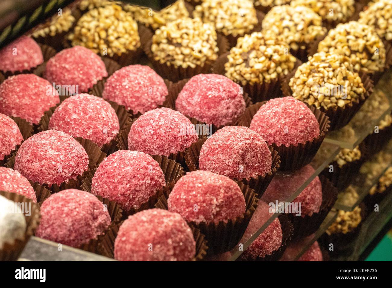 Chocolate varieties. Assortment of truffle chocolates displayed on the