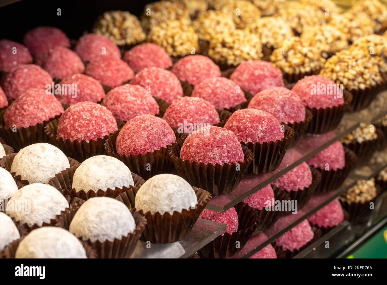 Chocolate varieties. Assortment of truffle chocolates displayed on the
