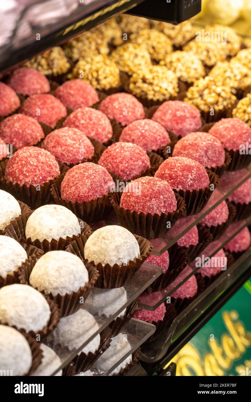 Chocolate varieties. Assortment of truffle chocolates displayed on the