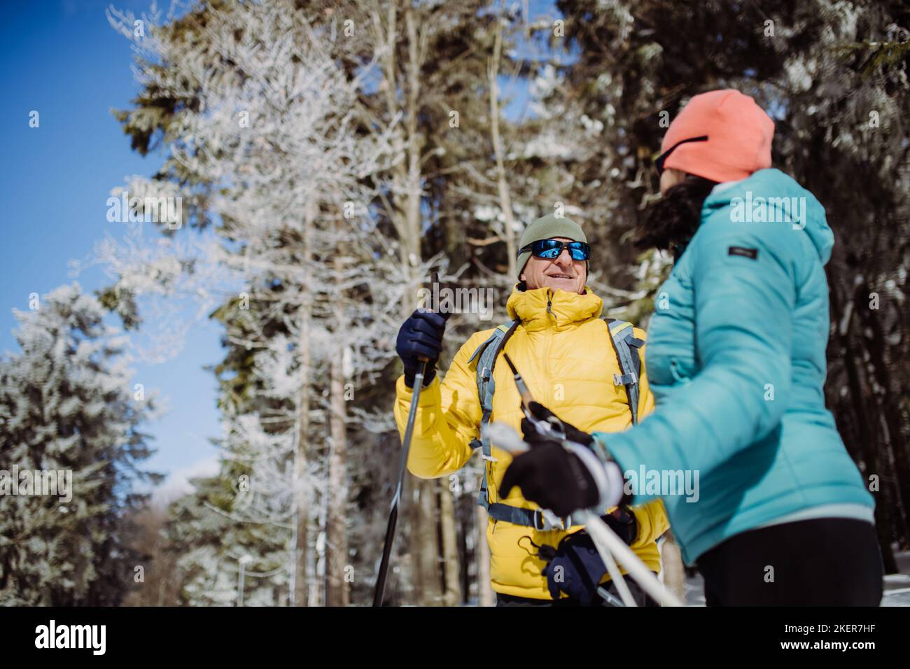Senior couple skiing together in the middle of forest, having break. Stock Photo