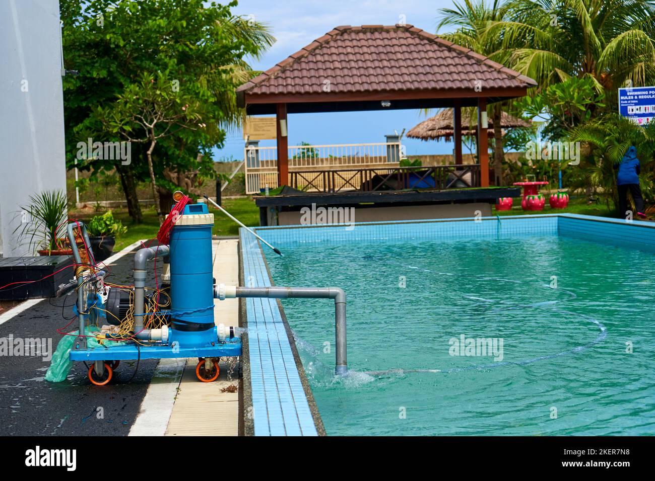 A filter pump cleans the pool water. Device for automatic cleaning of