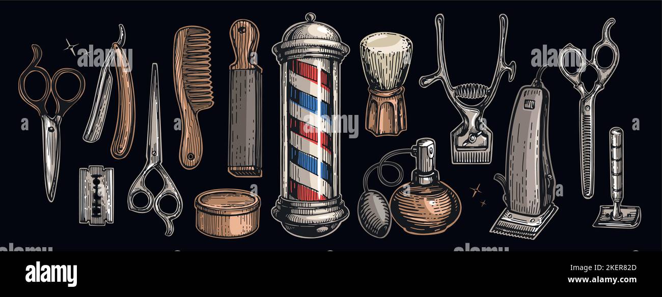 Hairdressers tools and barbershop set of objects, design elements. Barber shop and haircuts salon concept Stock Vector