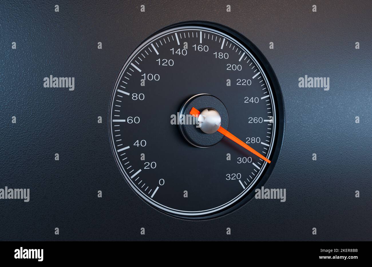 A regular car speedometer with an orange needle pointing towards a high speed on an isolated black background - 3D render Stock Photo