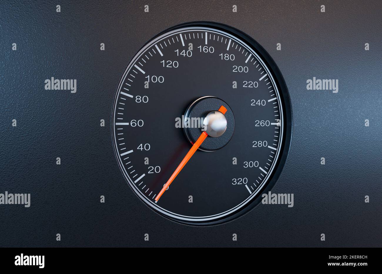A regular car speedometer with an orange needle pointing towards a slow speed on an isolated black background - 3D render Stock Photo