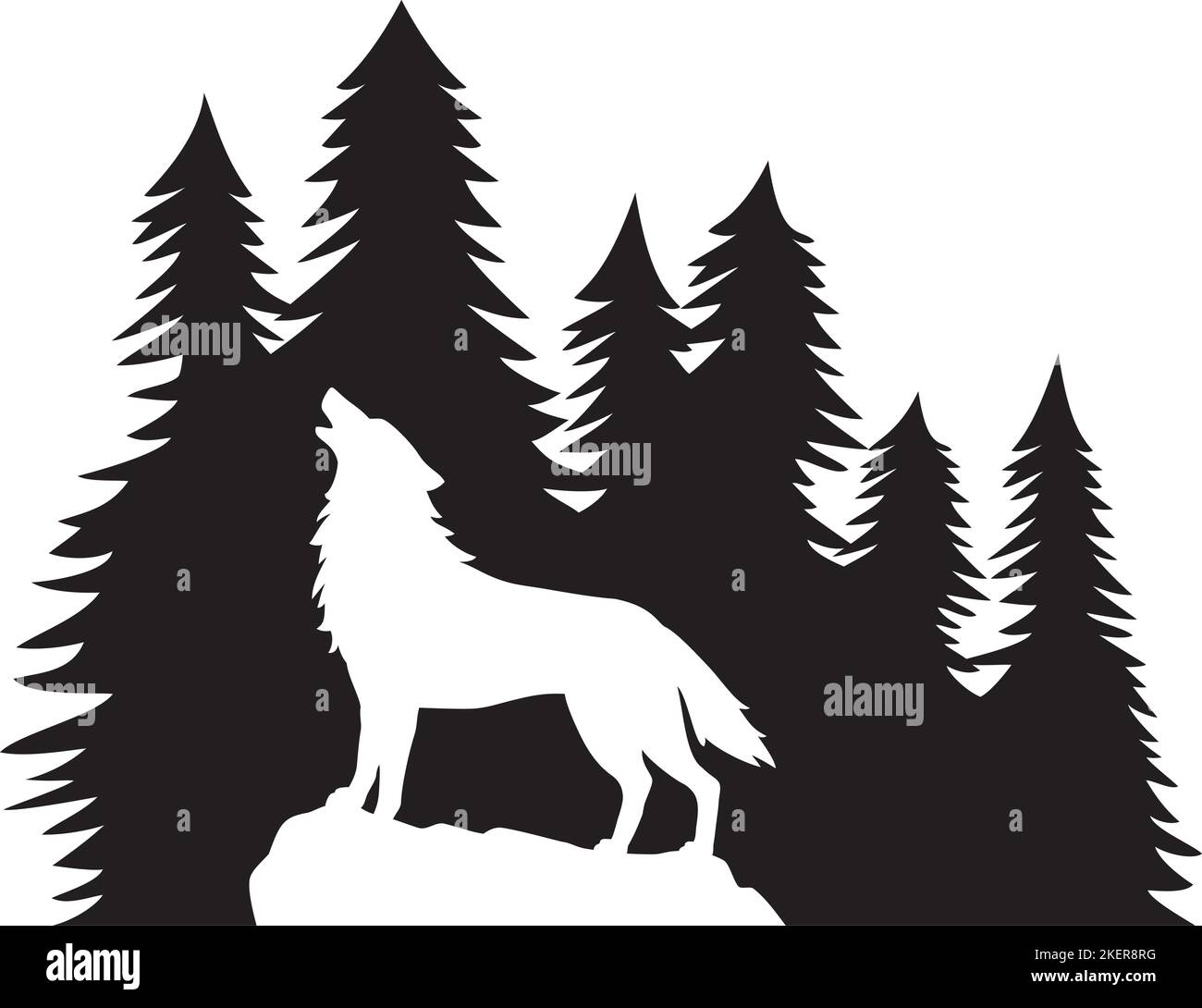 Silhouette of Howling Wolf and Forest. Vector Illustration. Stock Vector