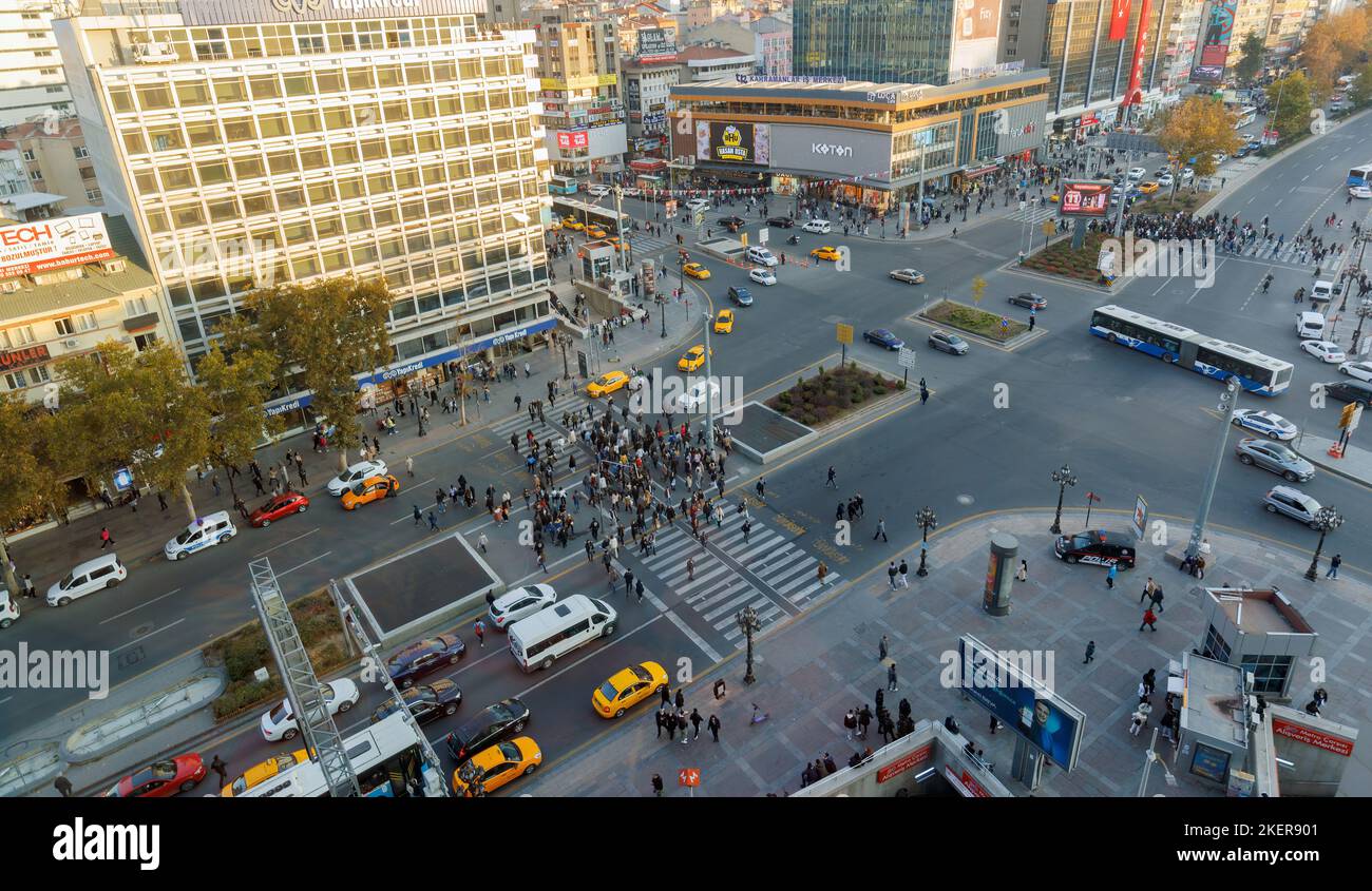 Ankara-Turkey, November 10, 2022: Aerial panoramic view of Kizilay Square | Kizilay Meydani, one of the most important centers and junction points of Stock Photo