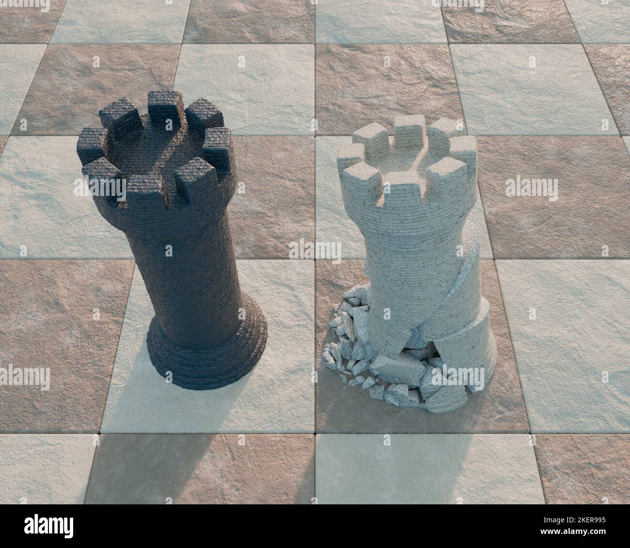 A black chess castle opposing a crumbling white castle on a chess board