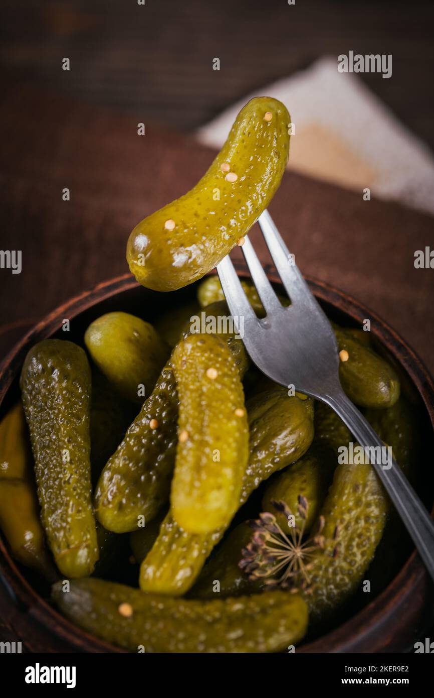 Preserving pickled cucumbers, seasonings and garlic on wooden table