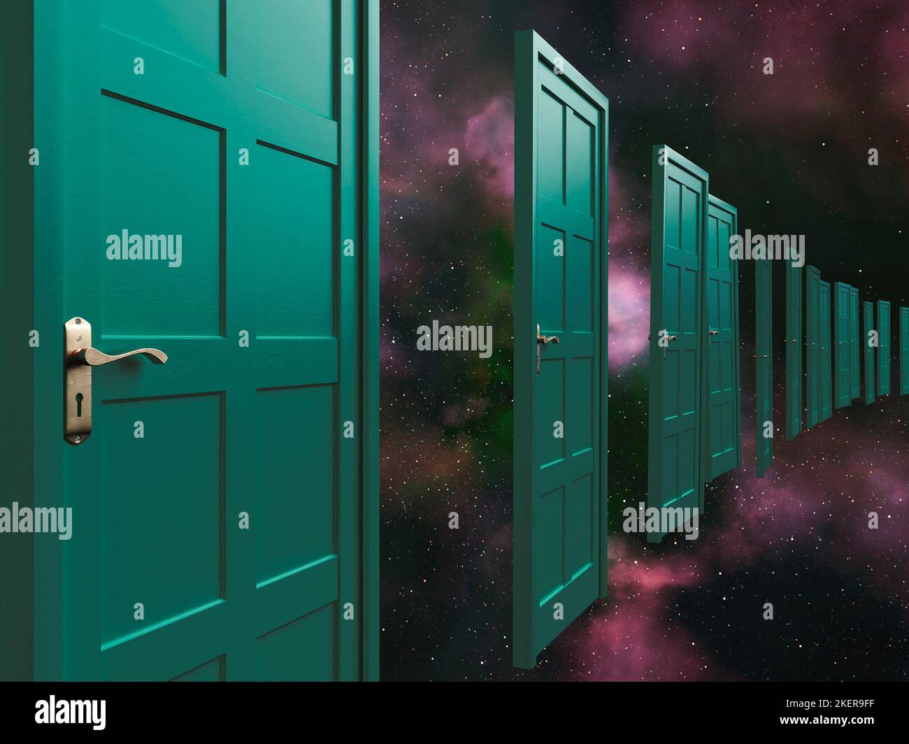 A line of green doors floating on a galaxy nebula space background 3D render Stock Photo Alamy