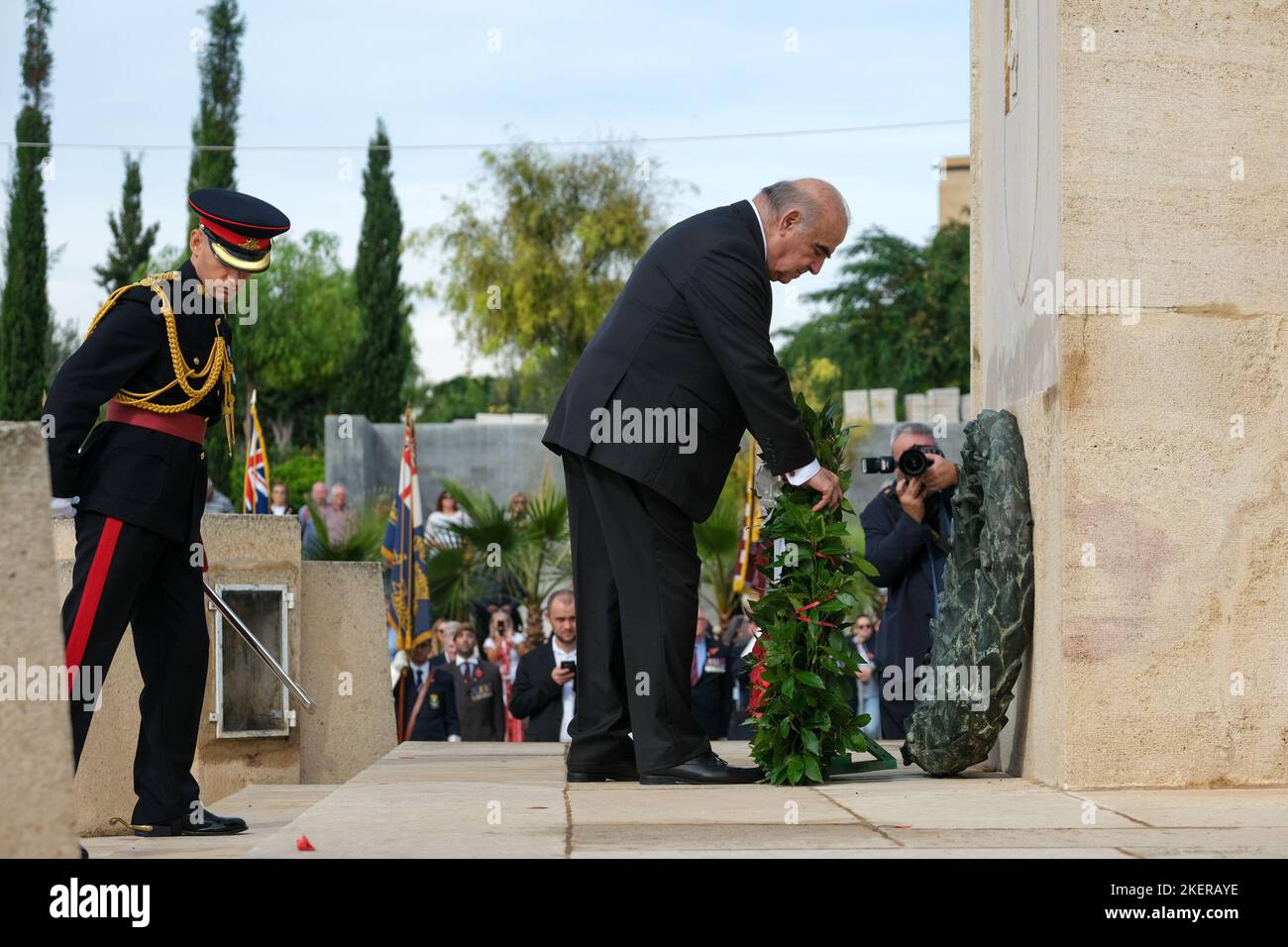 Floriana, Malta. 13th Nov, 2022. Malta's President George Vella (R) lays a wreath at the War Memorial during the Remembrance Day ceremony in Floriana, Malta, Nov. 13, 2022. Malta marked Remembrance Day to salute the war dead on Sunday. Credit: Jonathan Borg/Xinhua/Alamy Live News Stock Photo