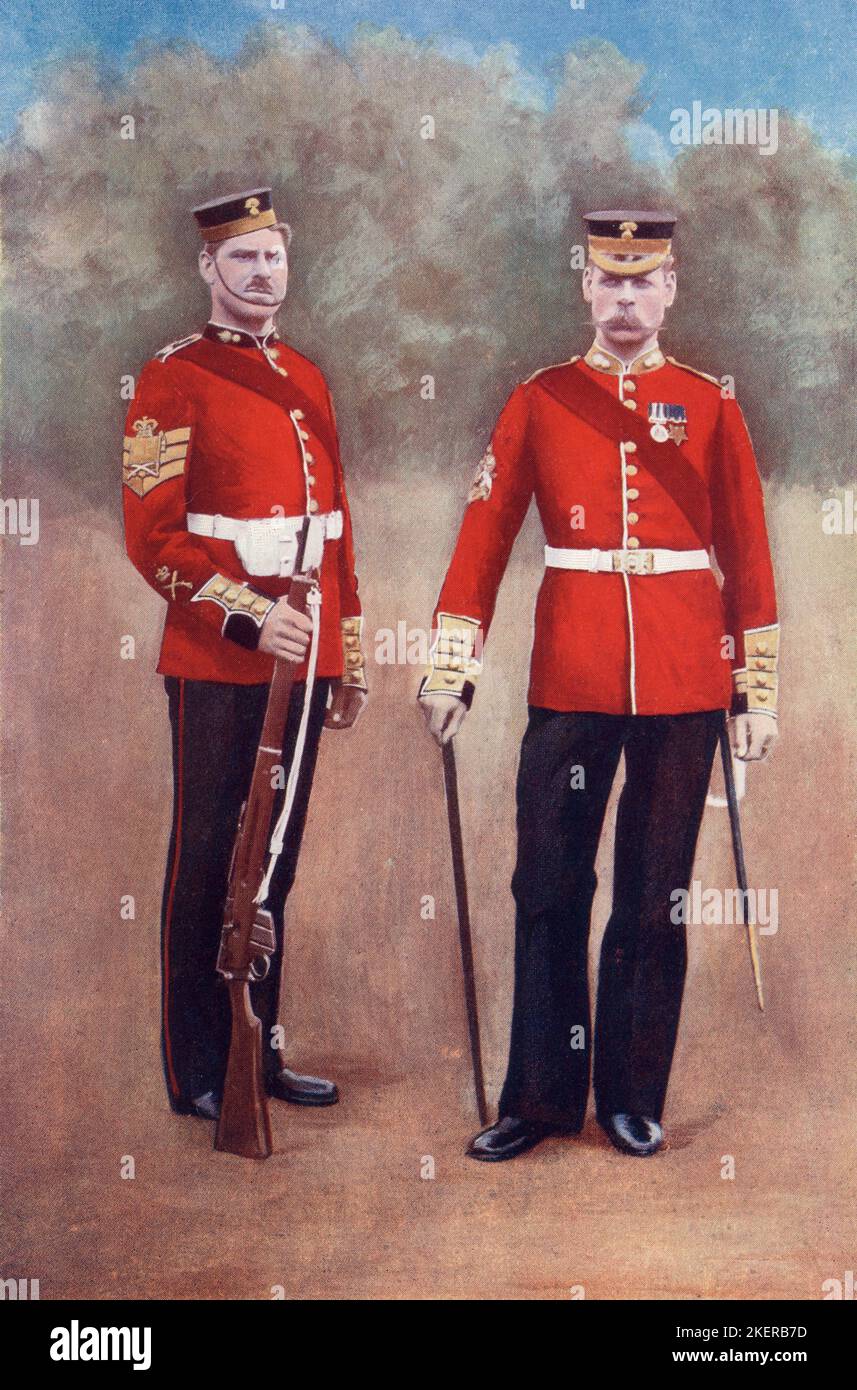 The Grenadier Guards in uniform of the late 19th century.  From South Africa and the Transvaal War, by Louis Creswicke, published 1900. Stock Photo