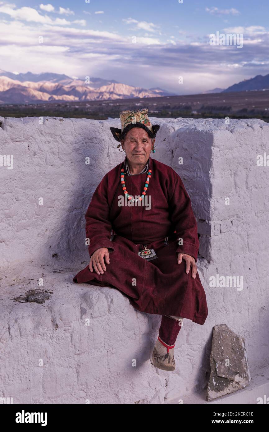 Elderly man in traditional Ladakhi clothes, Spituk Monastery (Gompa), Leh district, Ladakh, India Stock Photo