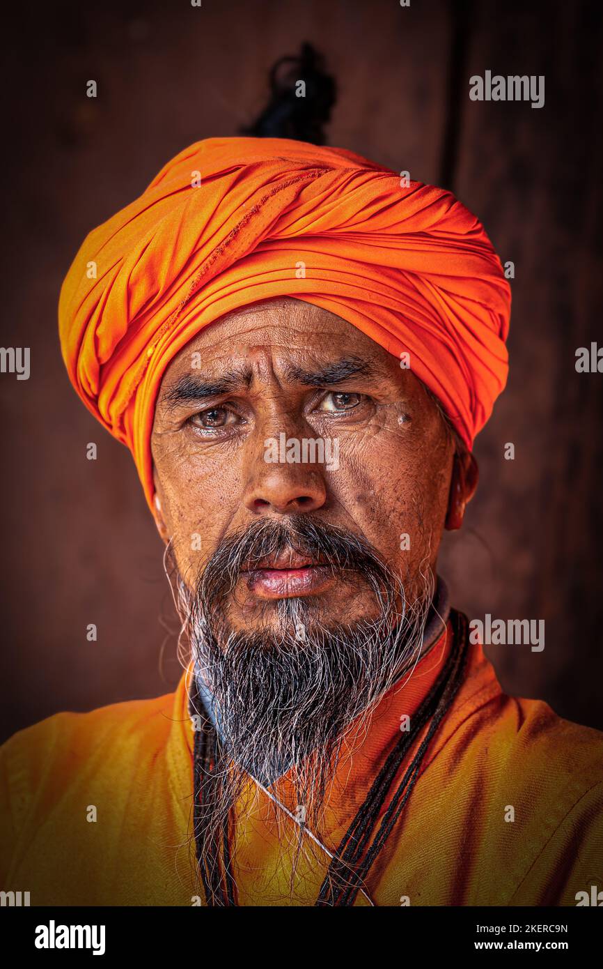 Portrait of an elderly Sadhu, holy man, Pashupatinath Temple, Kathmandu, Nepal Stock Photo
