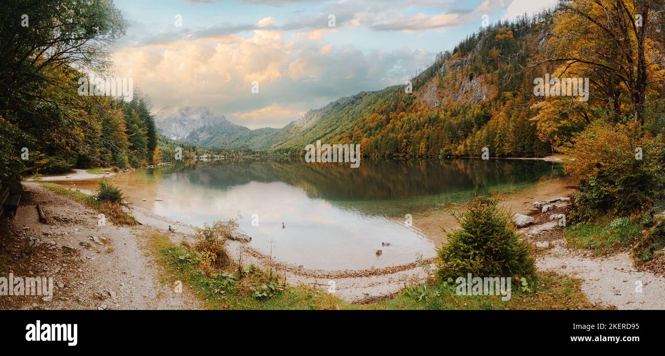 Lake Vorderer Langbathsee close to Gmunden and Ebensee in Austria. Scenic place during moody autumn weather. Stock Photo