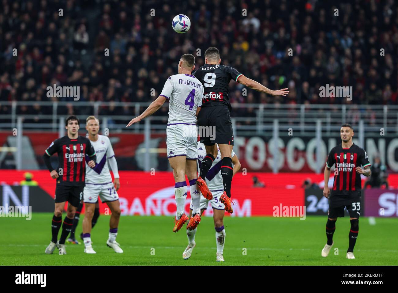 Florence, Italy. 21st May, 2022. Moise Kean of Juventus FC and Nikola  Milenkovic of ACF Fiorentina compete for the ball during the Serie A  2021/2022 football match between ACF Fiorentina and Juventus