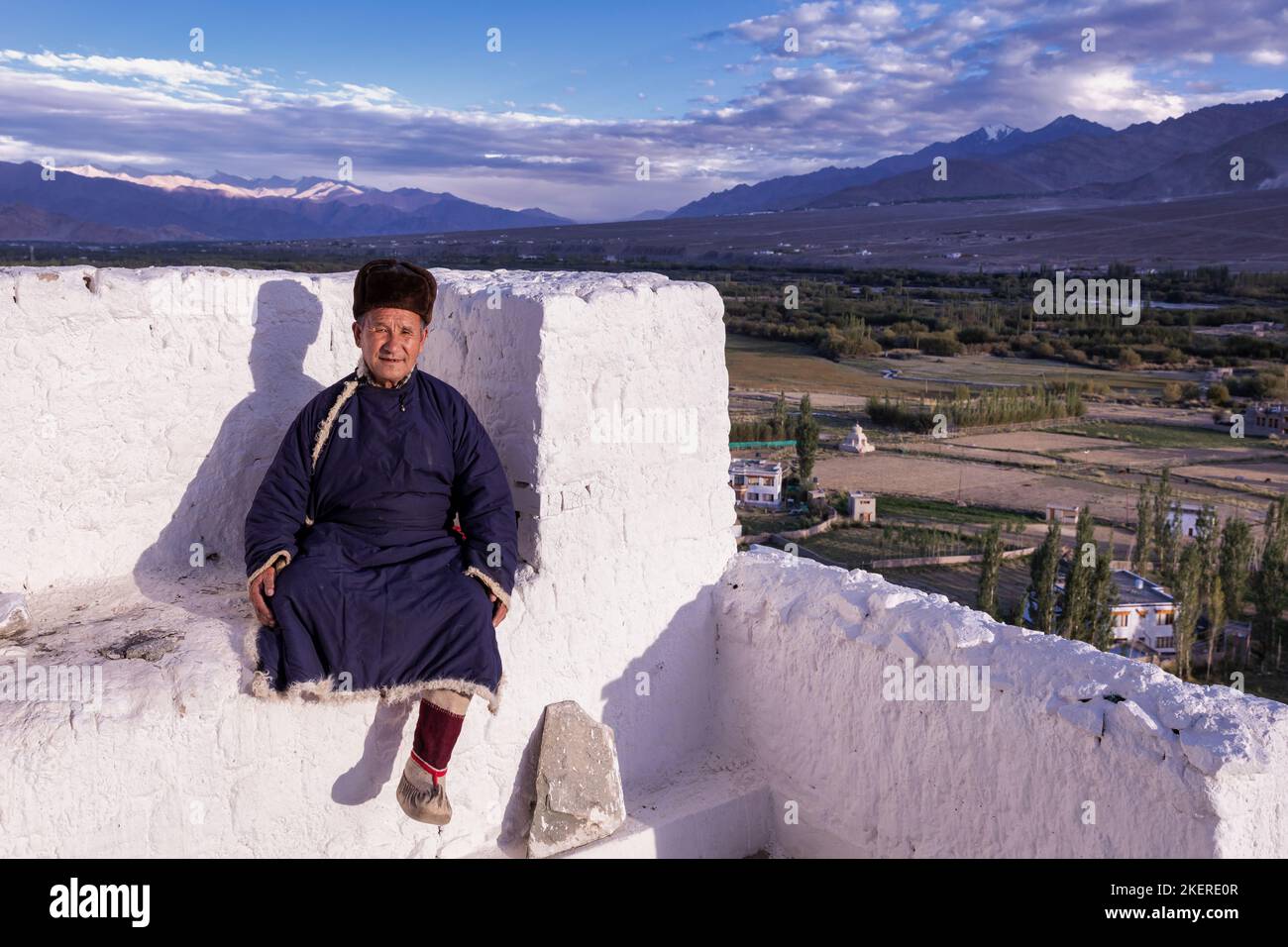 Elderly man in traditional Ladakhi clothes, Spituk Monastery (Gompa), Leh district, Ladakh, India Stock Photo