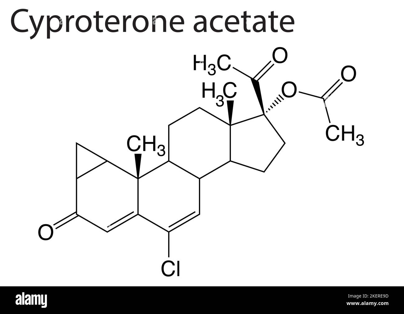The chemical structure of an anticancer drug, Cyproterone acetate Stock Vector