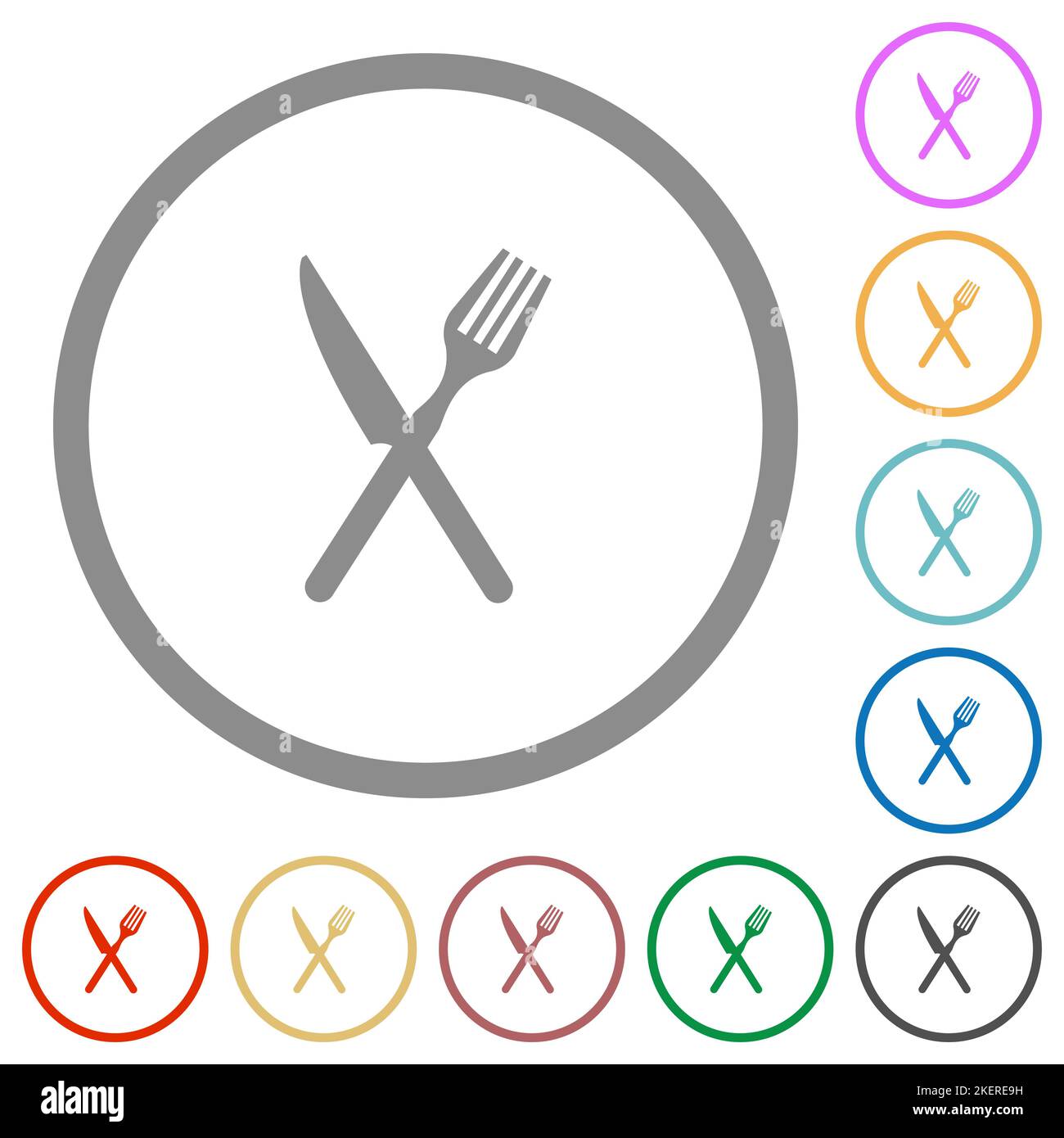 Fork and knife in crossed position flat color icons in round outlines