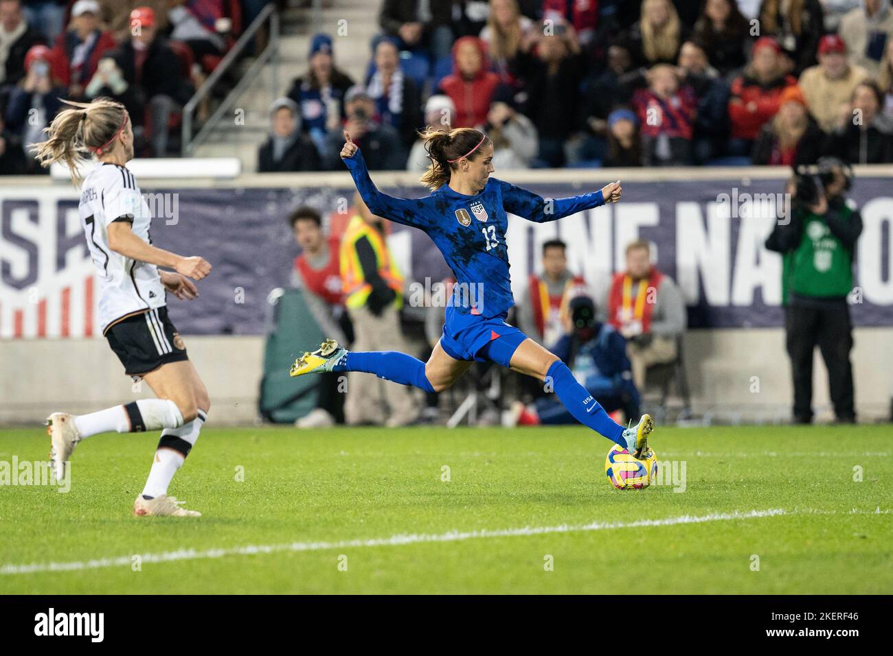 Harrison USA. 13th Nov 2022. Alex Morgan 13 of USWNT shoots on