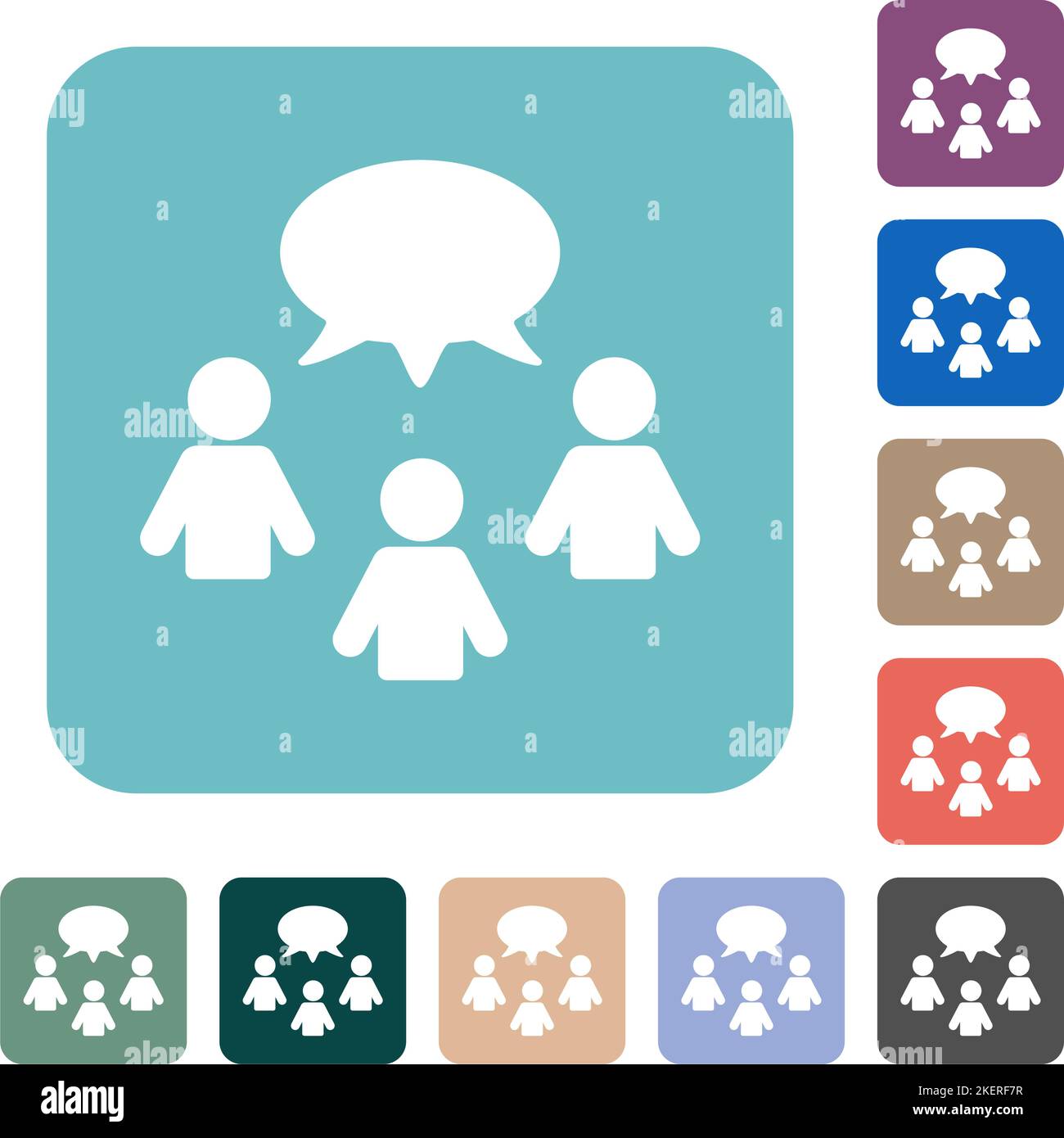 Three talking persons with oval bubble solid white flat icons on color rounded square backgrounds Stock Vector