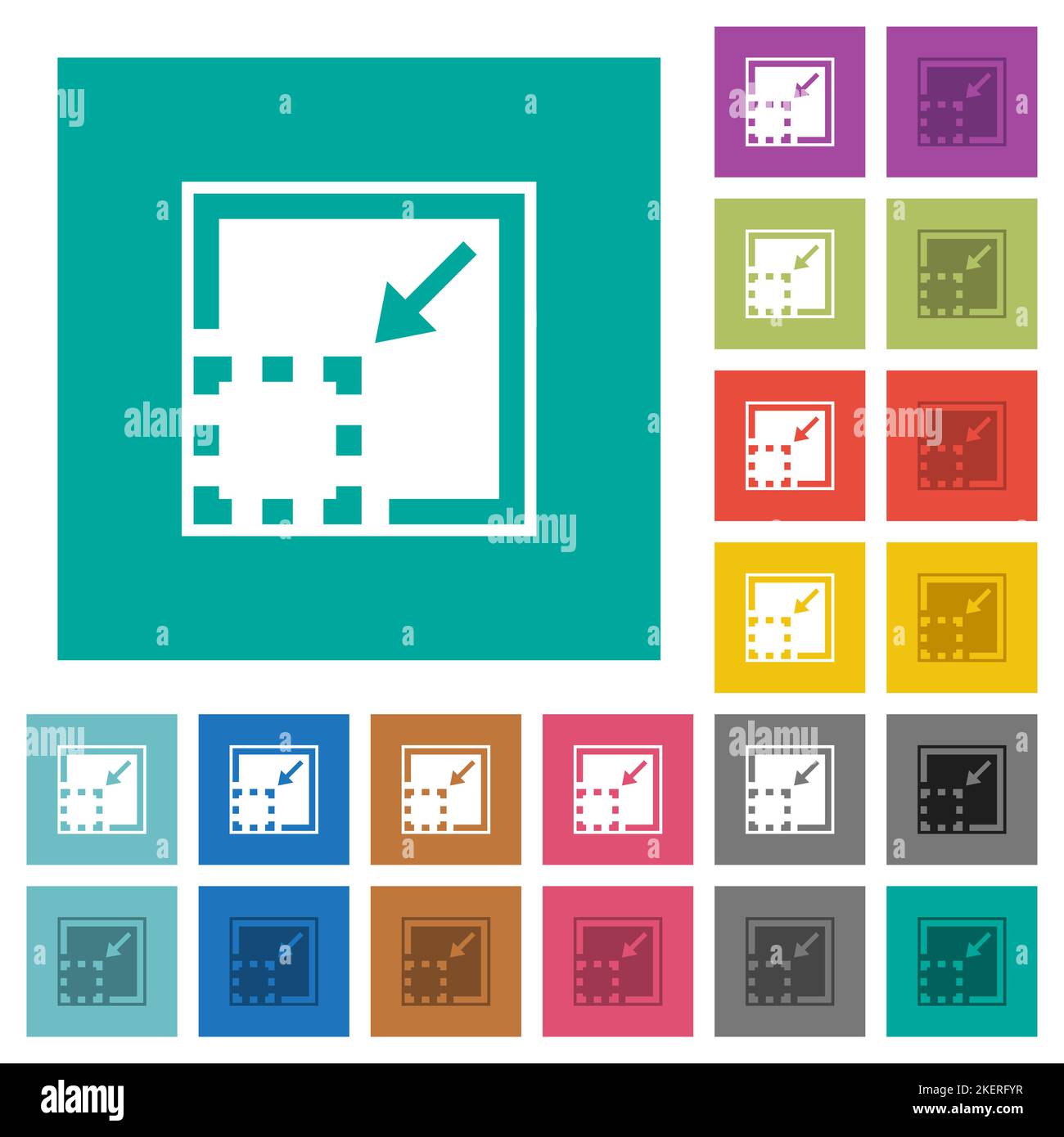 Minimize element solid multi colored flat icons on plain square backgrounds. Included white and darker icon variations for hover or active effects. Stock Vector