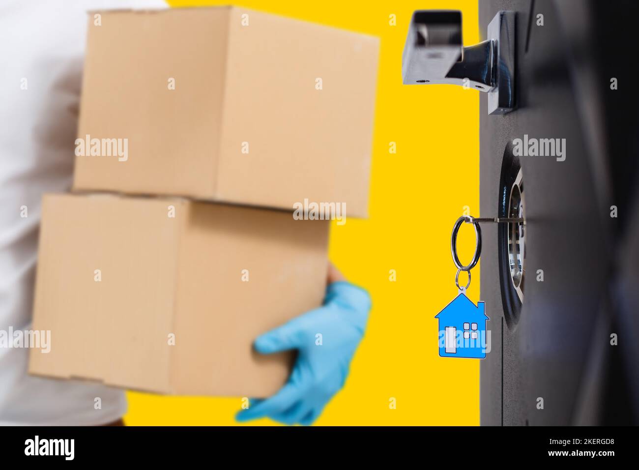 A food delivery man in front of the open door of the apartment Stock Photo Alamy