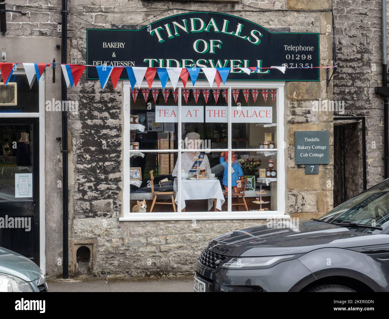 Tindalls of Tideswell, a bakery, food shop and cafe, in the Peak District village of Tidewell, Derbyshire UK; decorated for the Queen's Jubilee Stock Photo