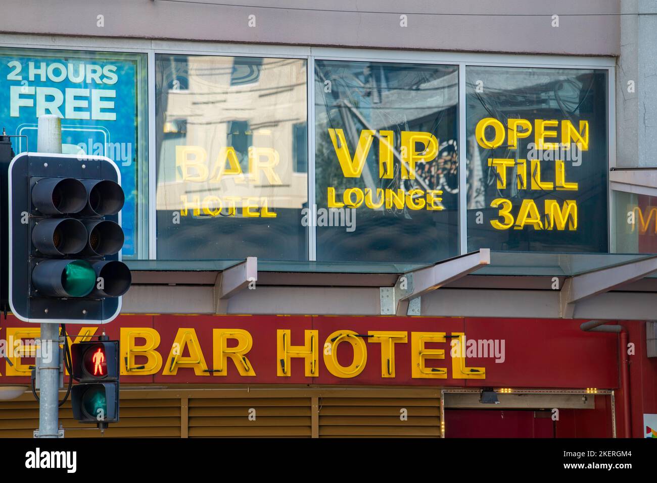 Unlit neon signs in the daytime advertising a Bar Hotel and VIP Lounge open late until 3am in Sydney, Australia Stock Photo