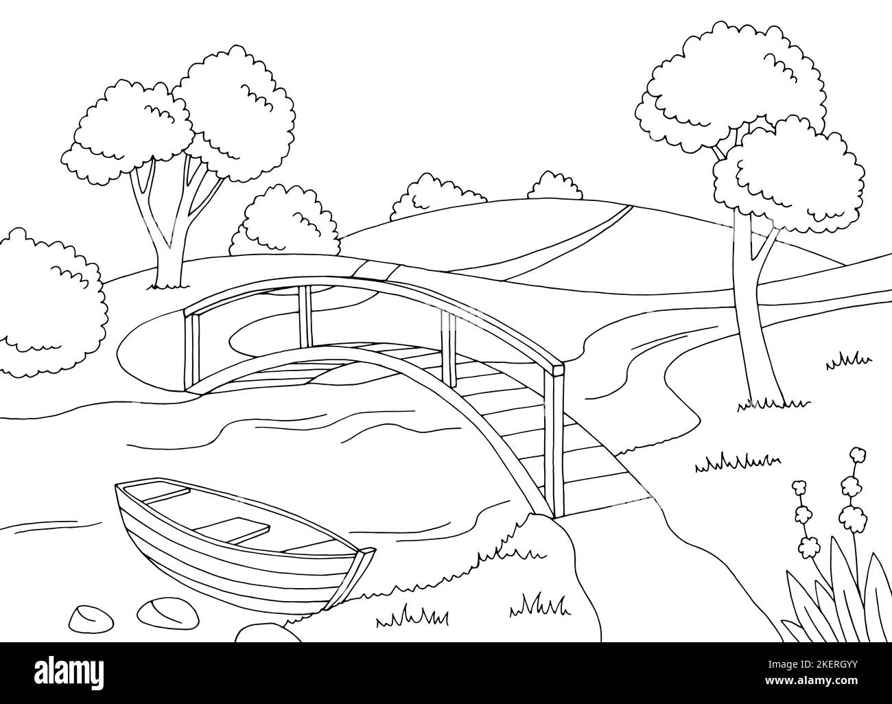Bridge river graphic black white landscape sketch illustration vector Stock Vector