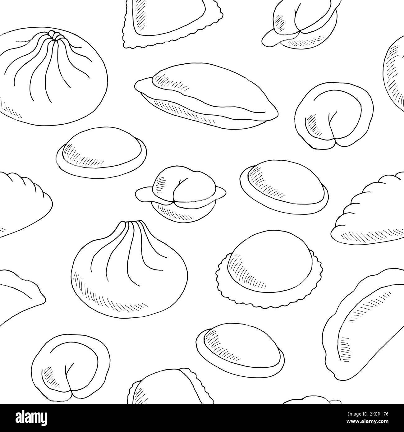 Dumplings seamless pattern background graphic food black white sketch illustration vector Stock Vector