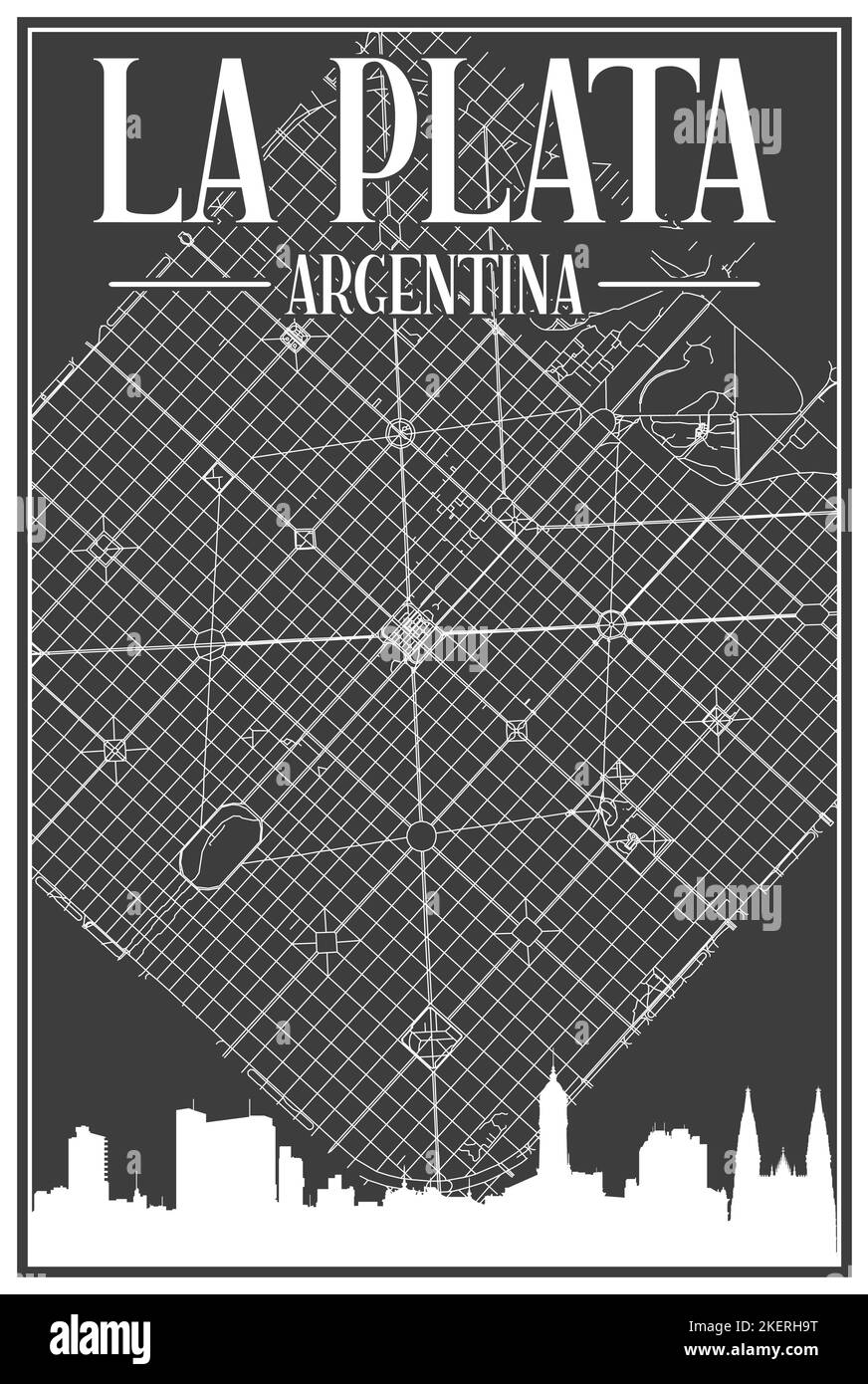 Black vintage hand-drawn printout streets network map of the downtown LA PLATA, ARGENTINA with highlighted city skyline and lettering Stock Vector