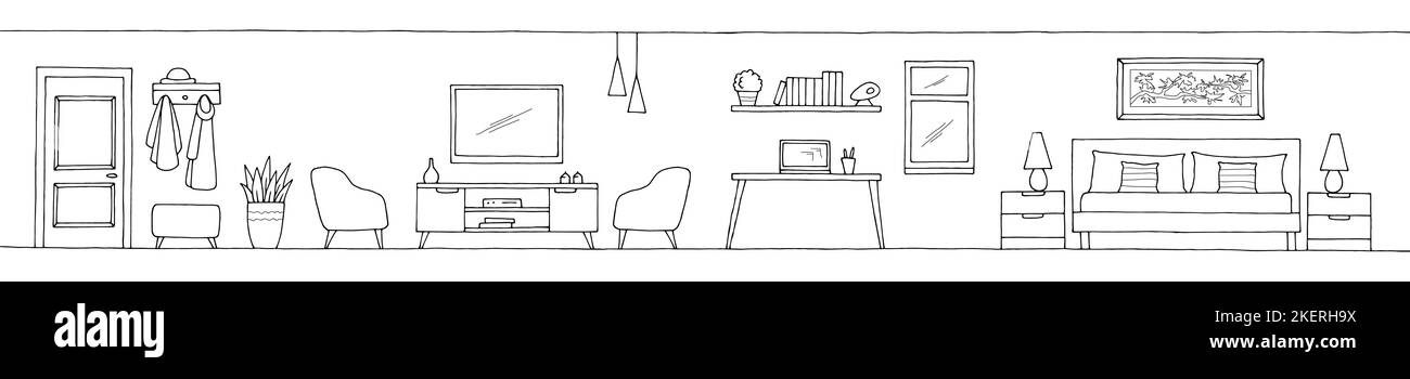 Apartment interior graphic black white long sketch illustration vector Stock Vector
