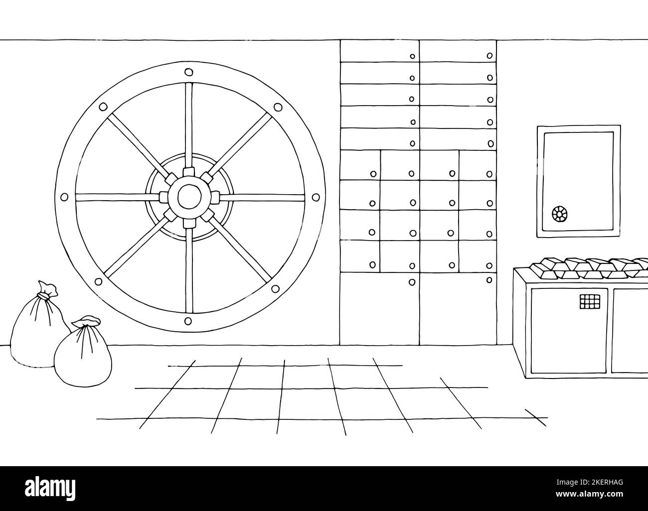 Bank vault safe storage interior graphic black white sketch illustration vector Stock Vector