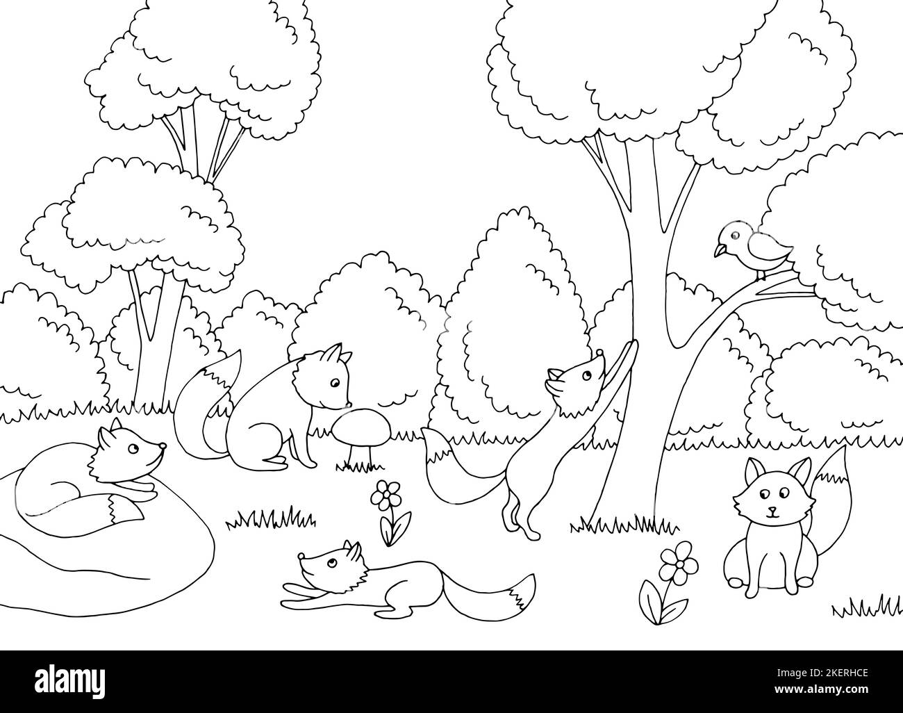 Funny fox in forest graphic black white sketch landscape illustration vector Stock Vector