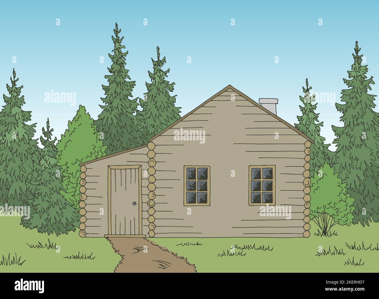 Wood cabin house graphic color landscape sketch illustration vector ...