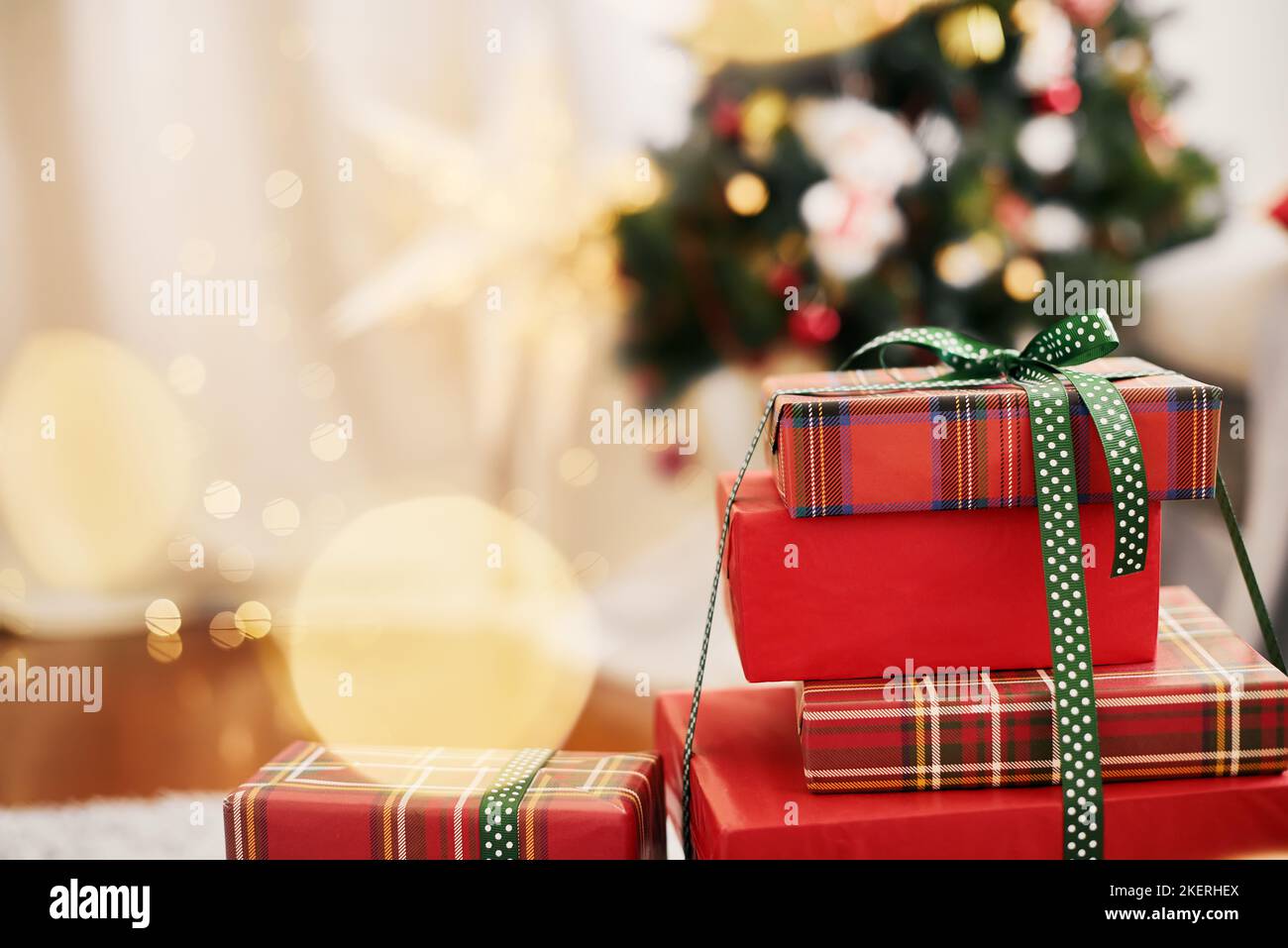 Christmas wrapped boxes gifts presents with ribbons Merry Christmas Happy New Year Holiday Spirit Stock Photo