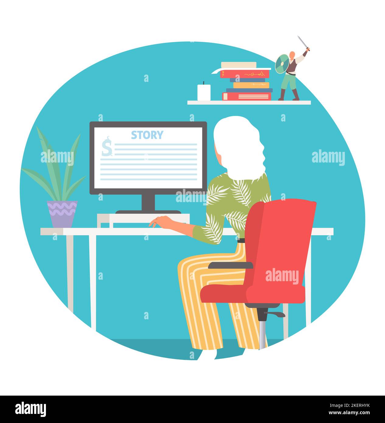 Woman writing storytelling scenario at home office vector. Copywriter freelancer working on computer at workplace illustration. Creative writer busine Stock Vector
