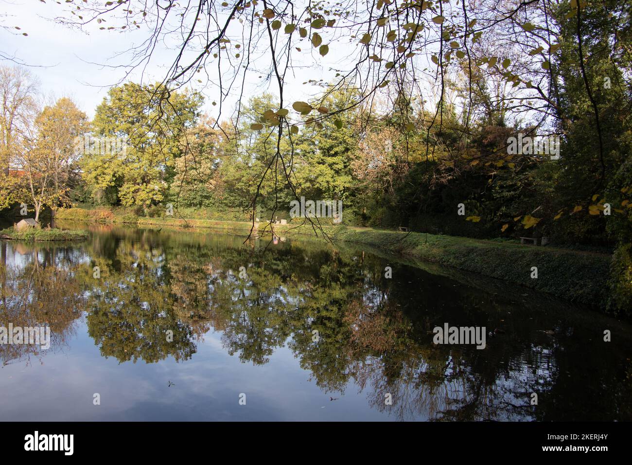 Castle pond Bedburg with trees and reflexions Stock Photo
