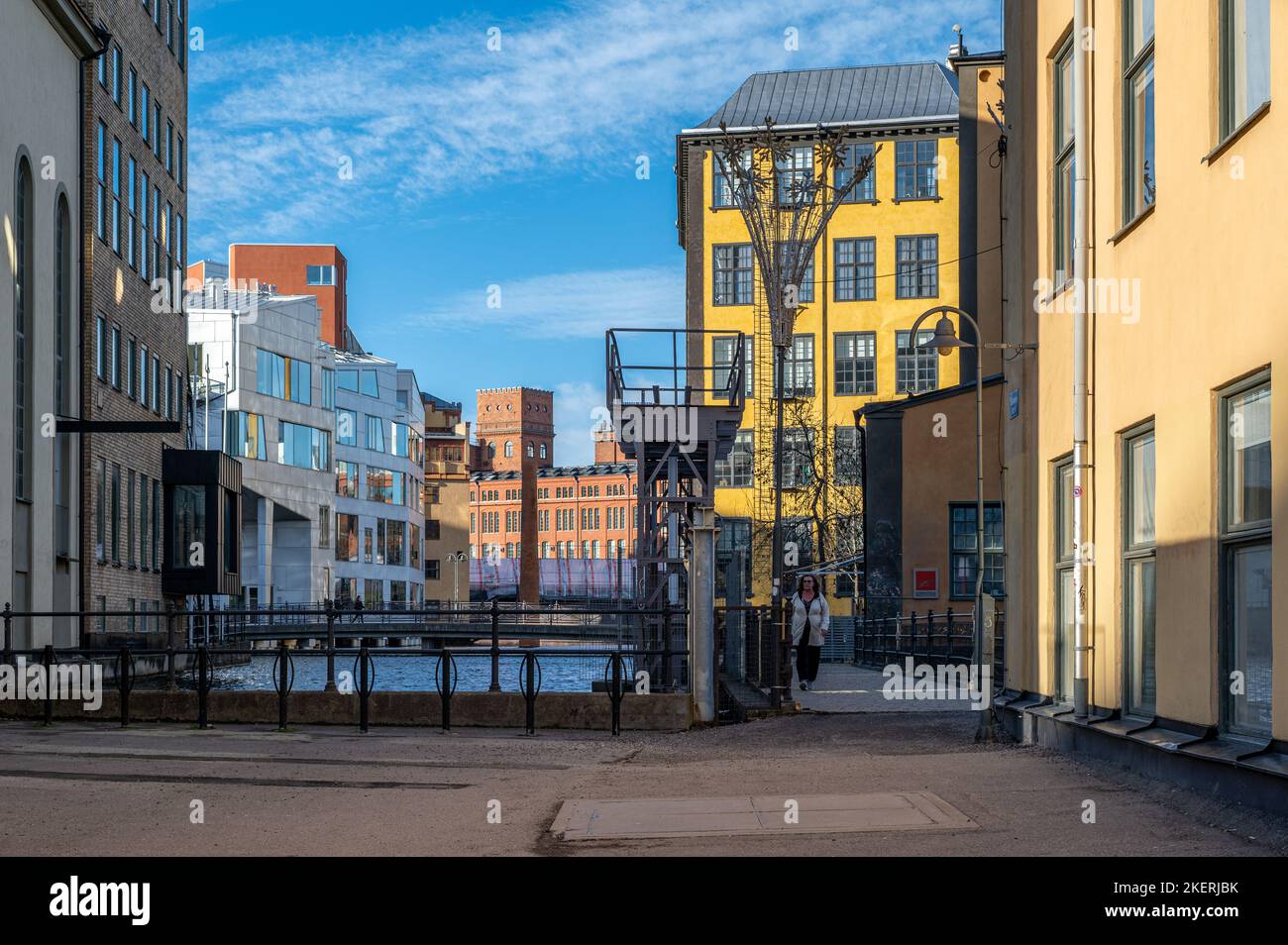 The old industrial landscape on a sunny November day. Norrkoping is a historic industrial town in Sweden. Stock Photo