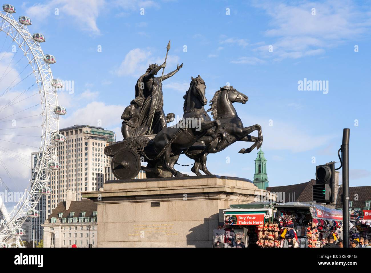 Dramatic bronze sculpture of the Celtic queen Boudicca & her daughters riding a horse drawn chariot, by Thomas Thornycroft. Outside Parliament, London Stock Photo
