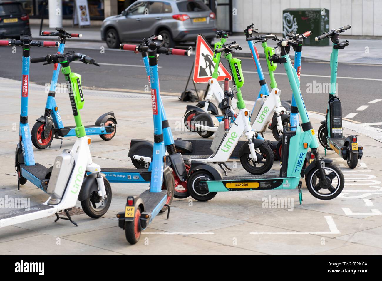 Transport for London and London councils have extended their trial of rental e-scooters across London in 2022, which are legal to ride on public roads Stock Photo