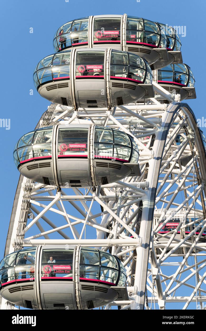 Closeup of passenger capsules on the London Eye, or Millennium Wheel, Europe's tallest cantilevered observation wheel and a famous London landmark. UK Stock Photo