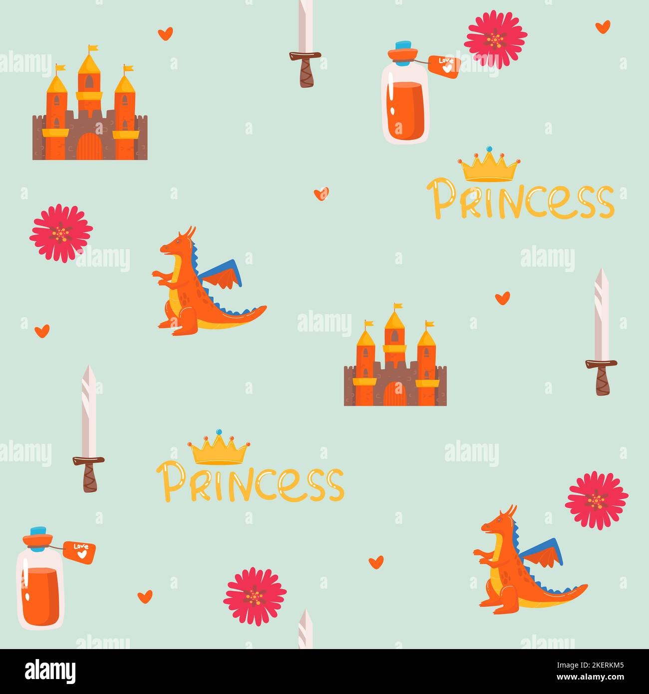 Little princess seamless pattern. Bright pink, gray, cream colors ...